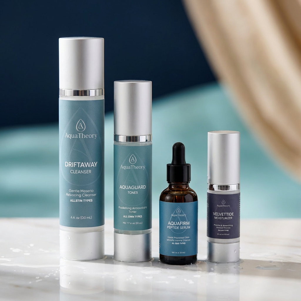 AquaTheory Peptide Discovery Kit: DriftAway Cleanser, AquaGuard Toner, AquaFirm Peptide Serum, and VelvetTide travel moisturizer